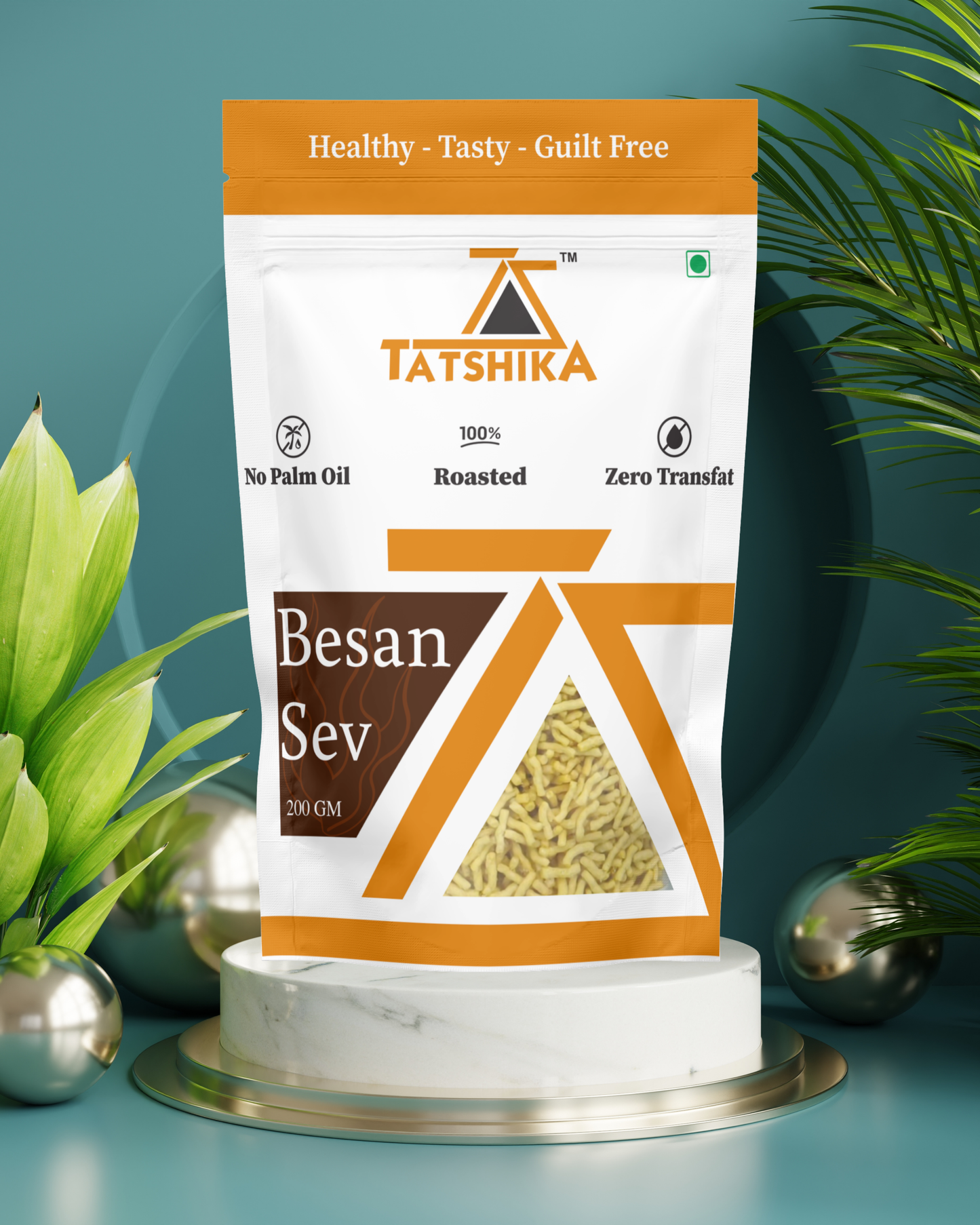 Front-facing pack shot of Tatshika Besan Sev, highlighting its crunchy texture and healthy ingredients.