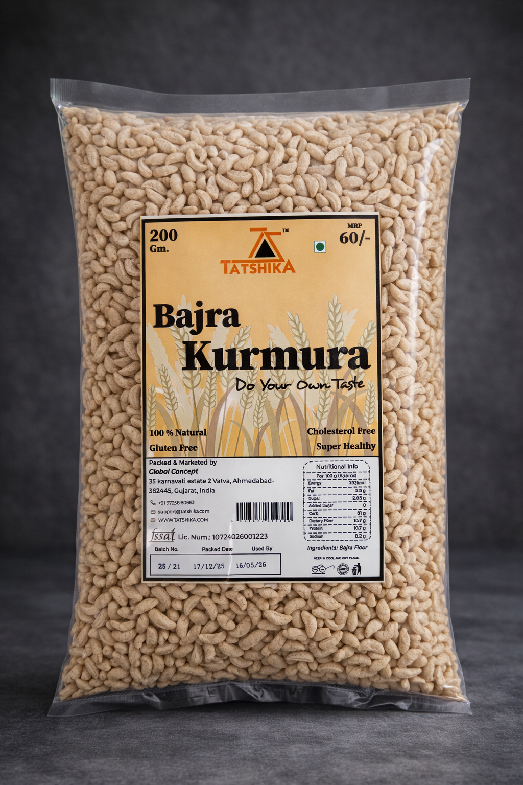 Front-facing pack shot of Tatshika Bajara Kurmura, highlighting its crunchy texture and healthy ingredients.
