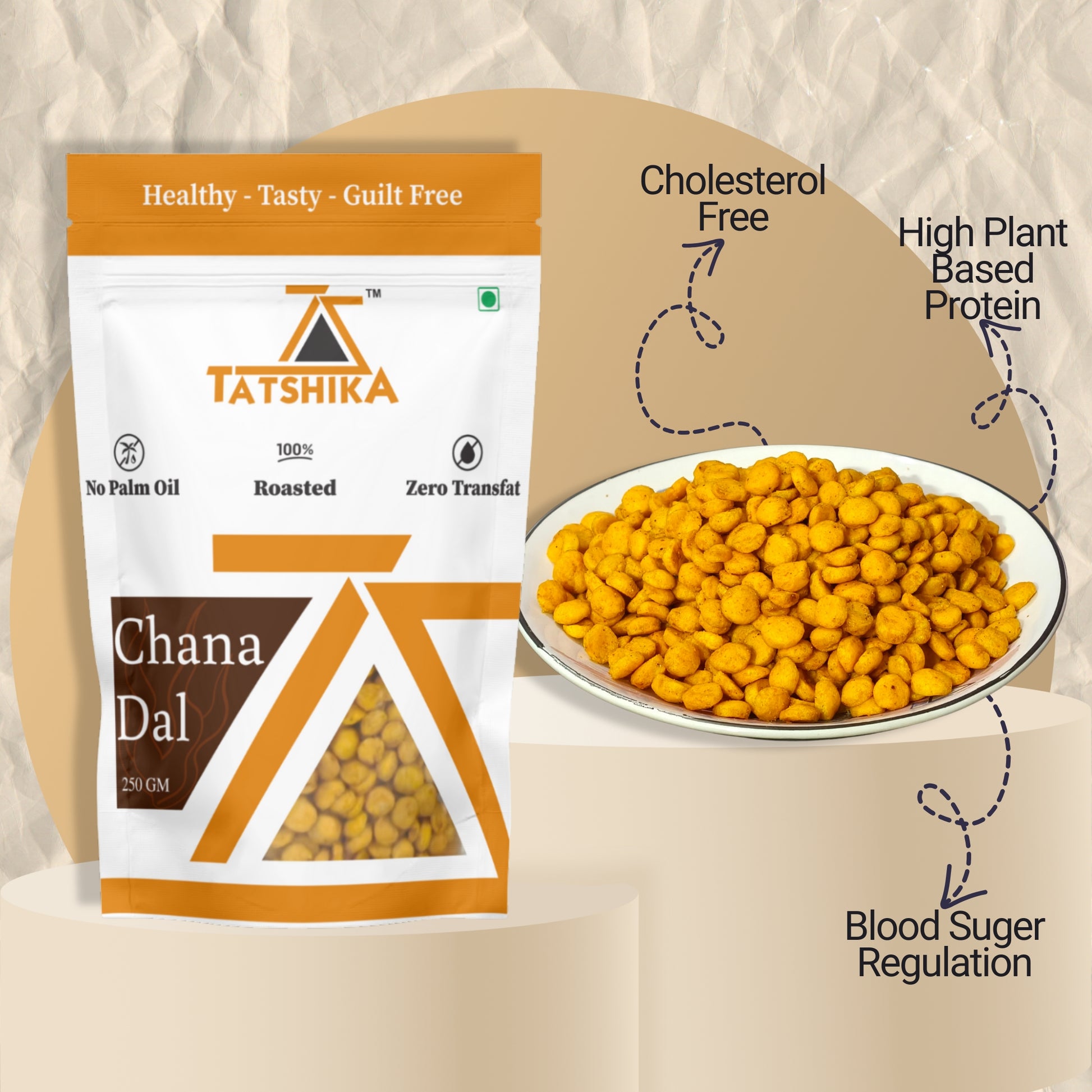 Tatshika roasted Chana Dal 250gm pack and plate with healthy, cholesterol-free, high plant protein, and blood sugar regulation benefits