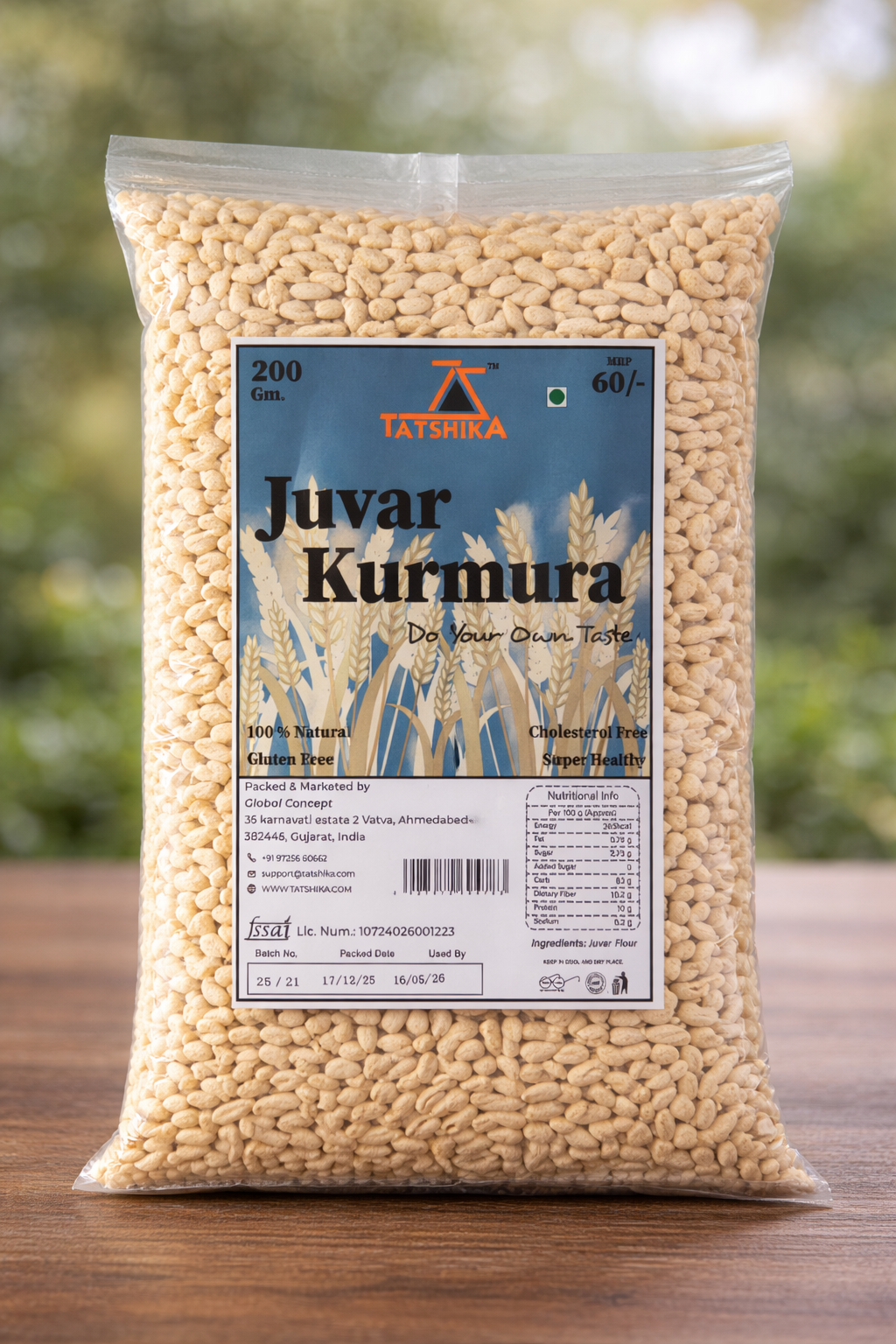 Front-facing pack shot of Tatshika Juvar Kurmura, highlighting its crunchy texture and healthy ingredients.