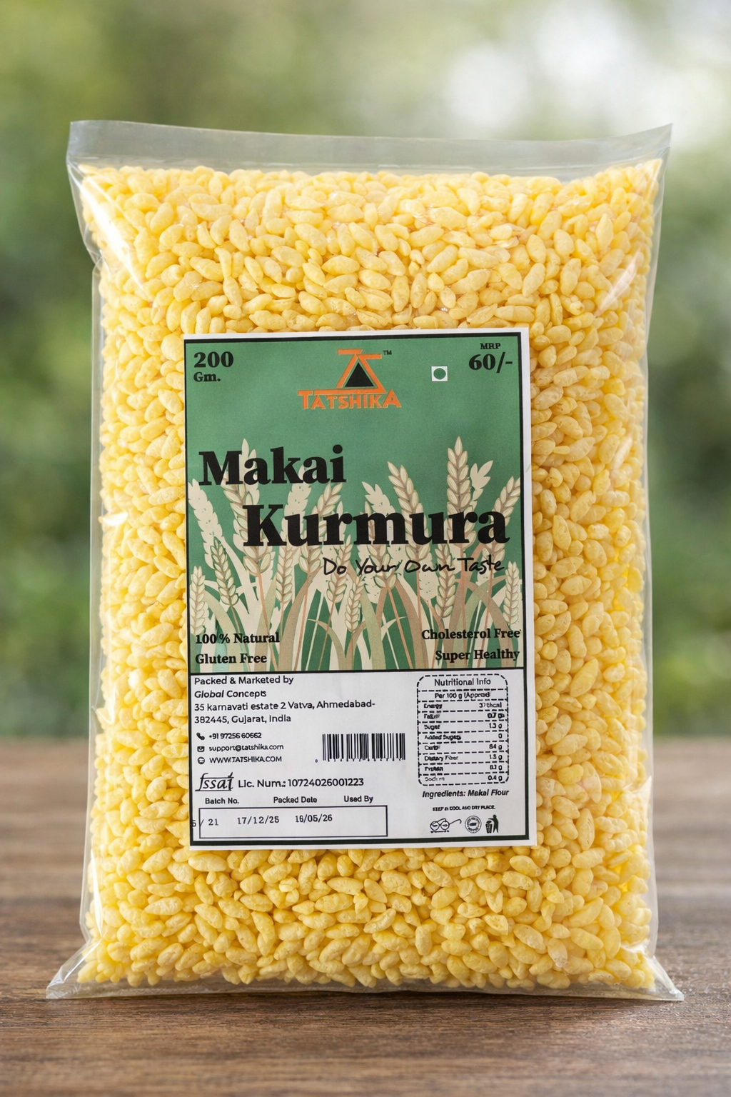 Front-facing pack shot of Tatshika Makai Kurmura, highlighting its crunchy texture and healthy ingredients.