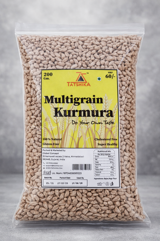 Front-facing pack shot of Tatshika Multigrain Kurmura, highlighting its crunchy texture and healthy ingredients.