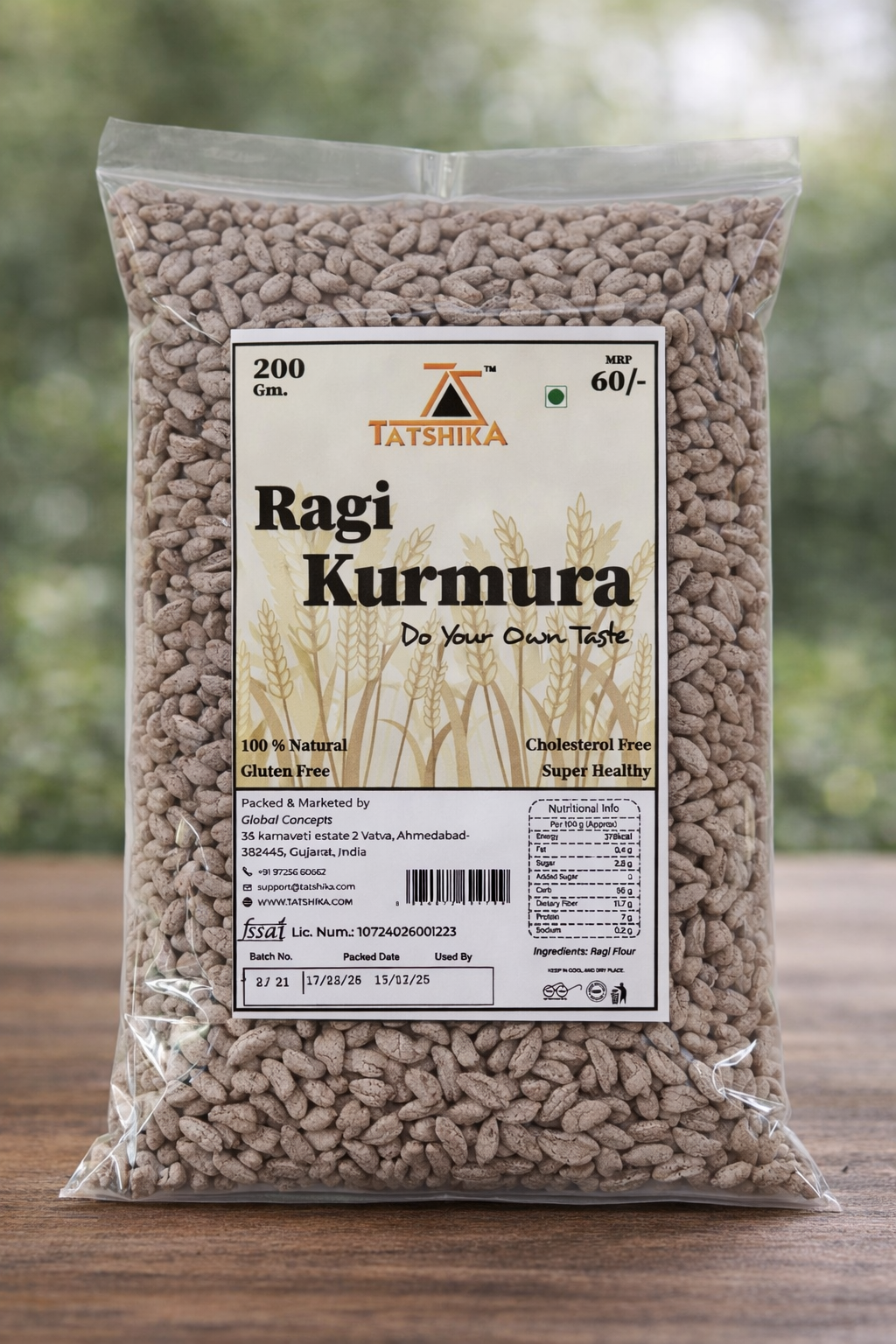 Front-facing pack shot of Tatshika Ragi Kurmura, highlighting its crunchy texture and healthy ingredients.