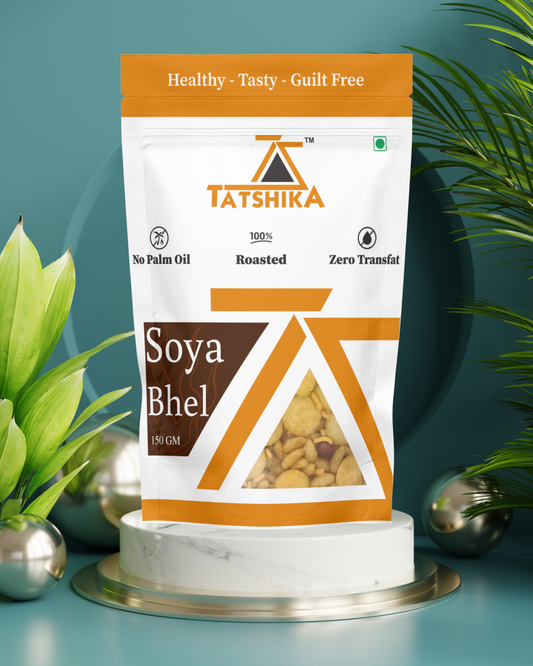 Front-facing pack shot of Tatshika Soya Bhel, highlighting its crunchy texture and healthy ingredients.